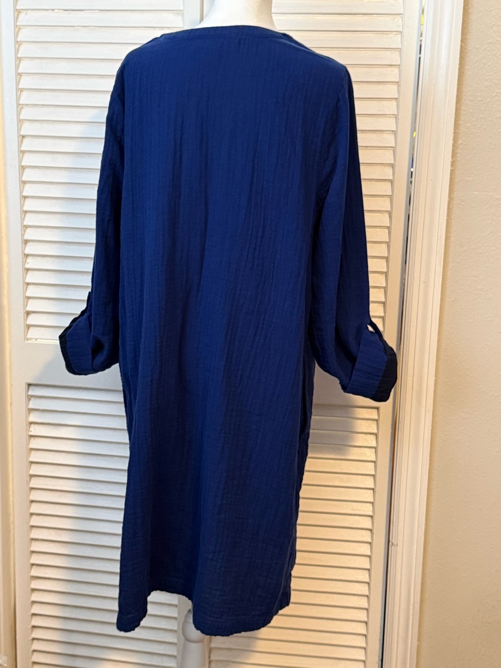 Pure Jill Navy Organic Cotton Gauzy Minimalist midi dress roll tab sleeves Large - Picture 3 of 9